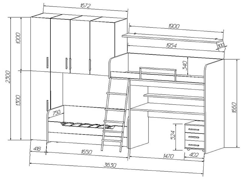 Двухъярусная кровать из массива чертеж