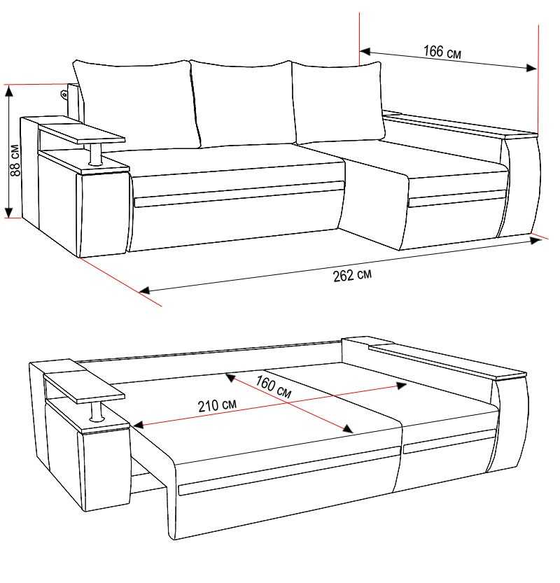 Чертеж углового дивана с размерами и деталировкой