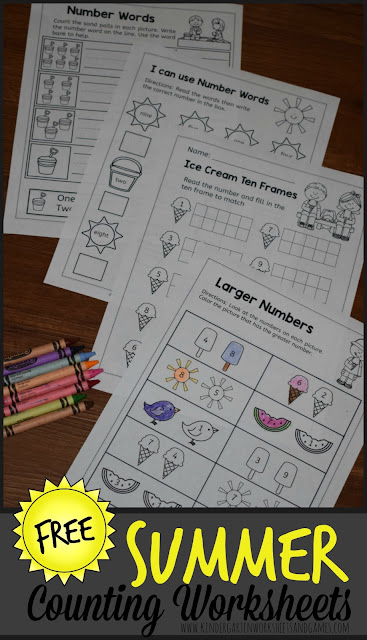 FREE Summer Kindergarten Math Worksheets - these NO PREP, free printable math worksheets are prefect for helping kids practice counting, writing numbers, writing number words, which one is bigger, number lines, ten frame, and more for preschool, prek, and kinder #counting #summerlearning #kindergartenworksheets