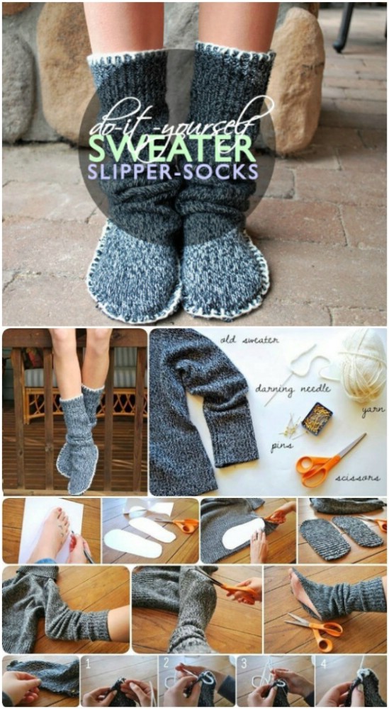Up-cycle old sweaters into warm, fuzzy socks.