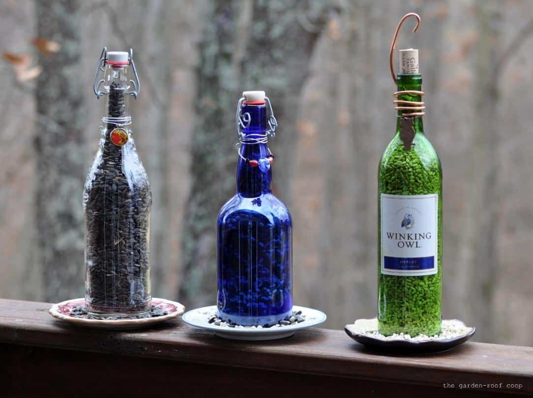 Wine bottle and decor wire bird feeders