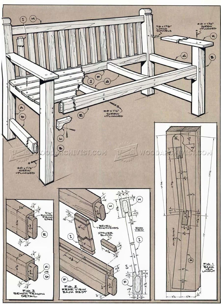 чертеж деревянной скамейки со спинкой и подлокотниками