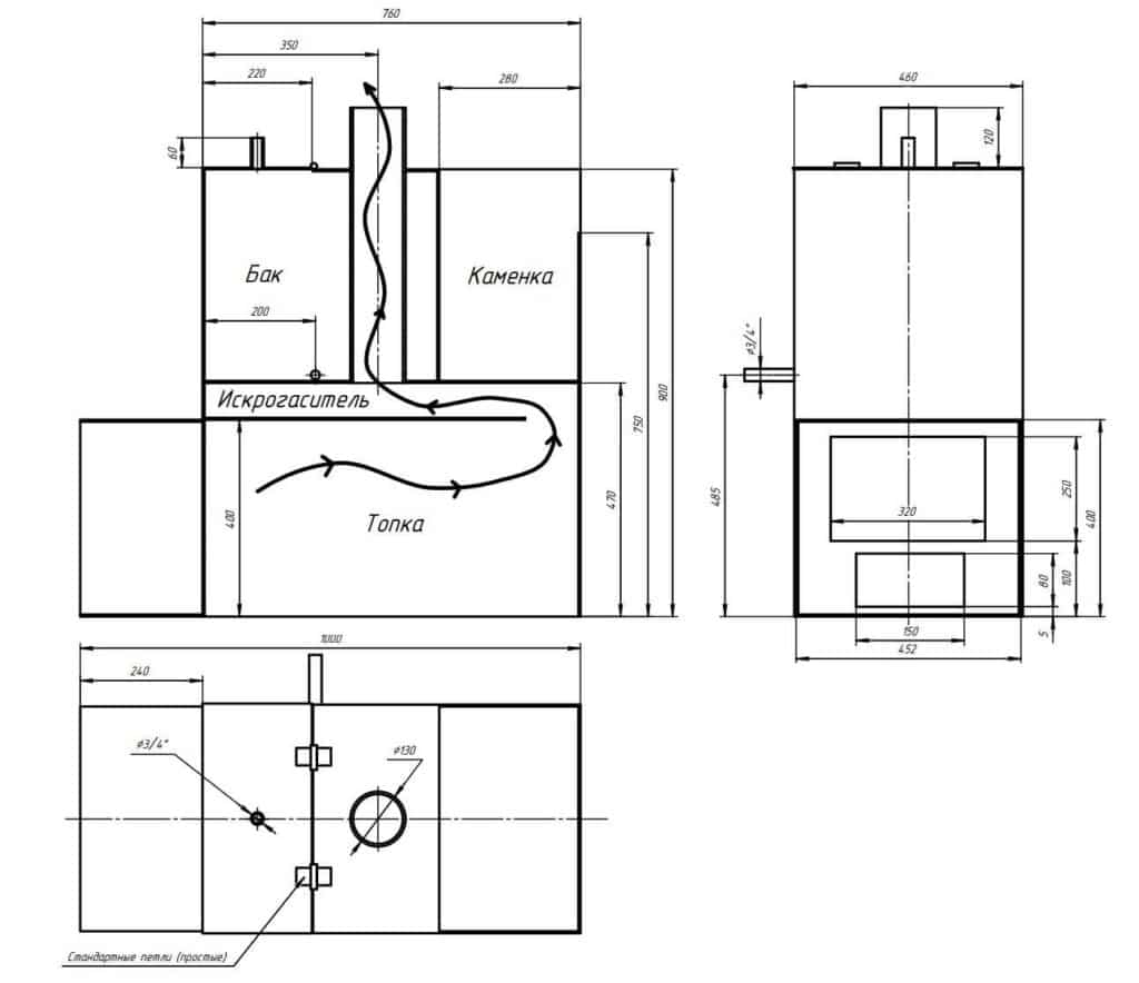 Печь банная на 3 помещения чертеж