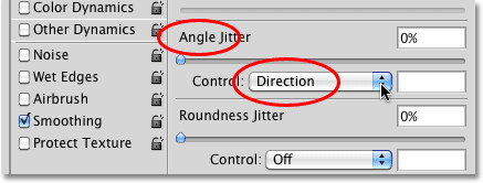 Changing the Angle Control option to Direction in the Brushes panel in Photoshop. 