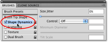 The Shape Dynamics option in the Brushes panel in Photoshop. 