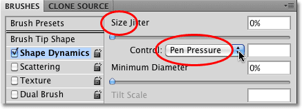 Changing the Size Control option to Pen Pressure in the Brushes panel in Photoshop. 