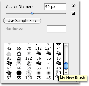 Selecting the new brush from the Brush Presets picker in Photoshop. 