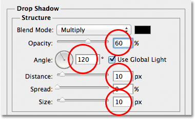 The Drop Shadow options in the Layer Style dialog box in Photoshop.