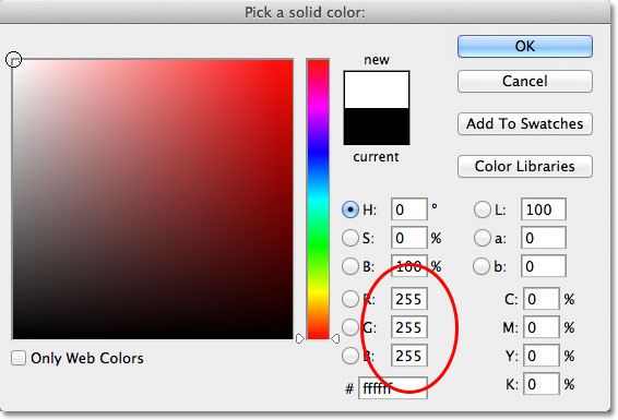 Choosing white from the Color Picker in Photoshop.