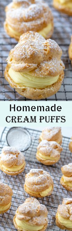 My famous and BEST Homemade Cream Puffs recipe: light and airy cream puffs filled with vanilla pudding cream are always a hit with family and anyone I