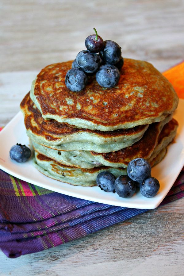 stack of Greek Yogurt Pancakes with blueberries