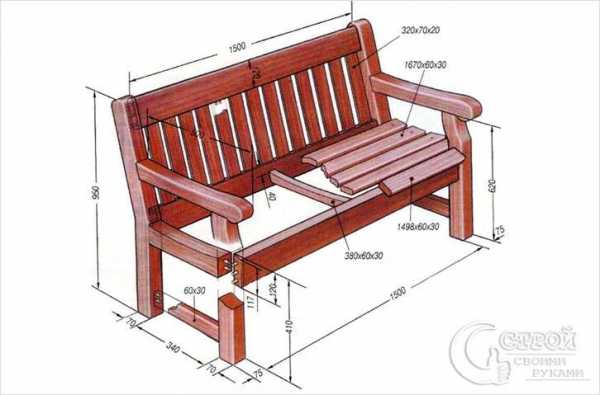 Размер скамейки со спинкой для дачи